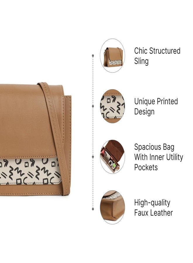 Fastrack Printed PU Structured Sling Bag for Women, Ladies and Girls | Sling Bag with Doodle Print and Button Closure Tan - Image 3
